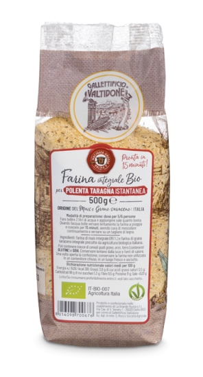 Packaging di farina integrale di mais  e grano saraceno biologico per polenta taragna istantanea